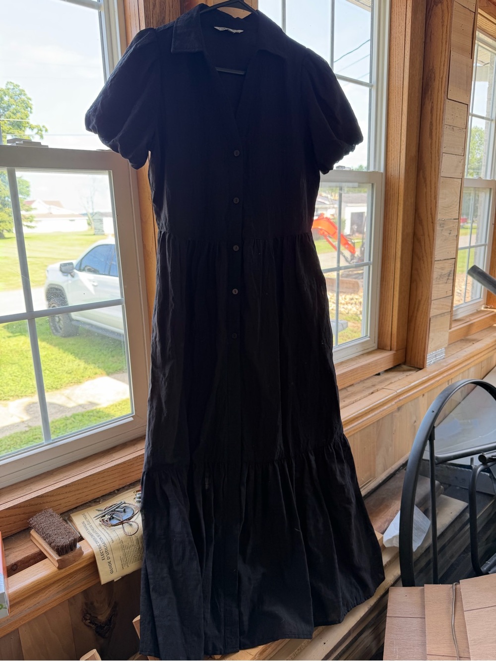 Black Button-Front Midi Dress with Puff Sleeves